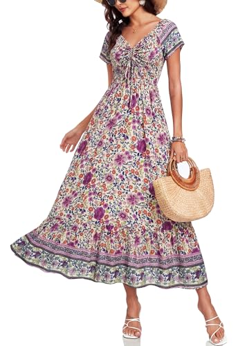 Image of Summer Smocked Boho Maxi Dress for Women 2026 Short Sleeve Floral Smocked Flowy Ruffled Beach Vacation Dresses Lightweight