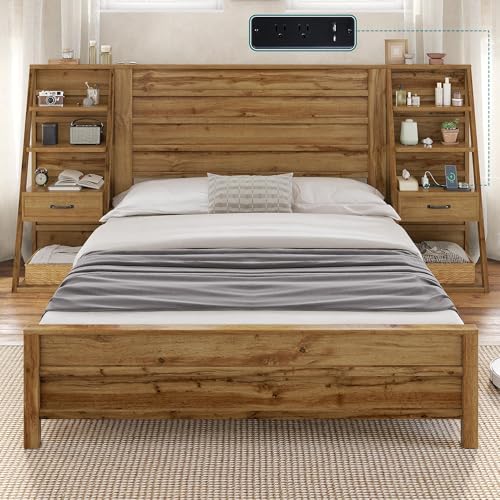 Image of AMERLIFE Full Bed Frame with Wide Headboard and 4-Tier Bookshelves, Farmhouse Platform Bed with Charging Station & 2 Drawers, Noise-Free, No Box Spring Needed, Natural Oak