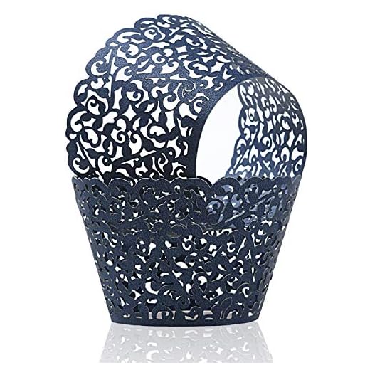 KPOSIYA Pack of 120 Cupcake Wrappers Artistic Bake Cake Paper Cups Vine Designed Laser Cut Cupcake Wraps Baking Cup Muffin Case Trays for Wedding Baby Shower Party Birthday Decoration (120, Navy blue)