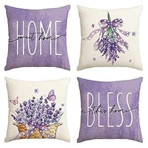AVOIN colorlife Lavender Home Sweet Home Bless This Home Spring Throw Pillow Covers 18 x 18 Inch Purple Summer Cushion Case for Sofa Couch Set of 4