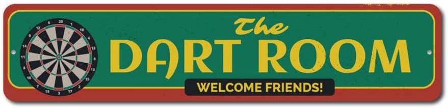 The Dart Room Welcome Friends Sign, Custom Dart Board Sign, Game Room Man Cave Dorm Aluminum Decor - 3" x 13"