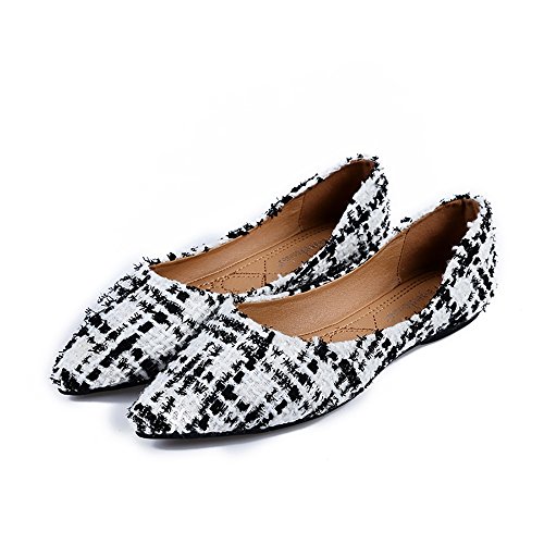 Meeshine Womens Classic Pointy Toe Ballet Flats Slip On Plaid Dress Flat Shoes White-02 US 8 - Thumbnail 3