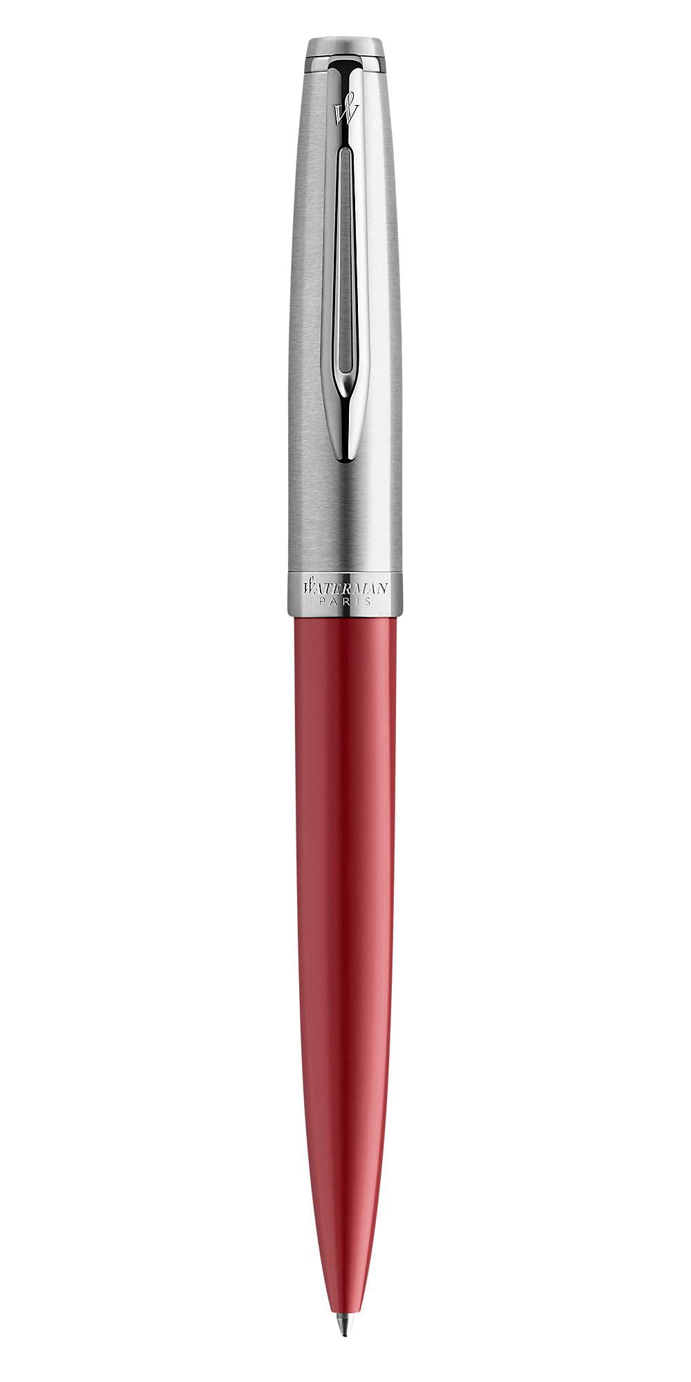 Waterman Emblème Stylo Bille, Rouge avec attributs chromés, Pointe Moyenne, Cartouche d’encre bleue, coffret Cadeau