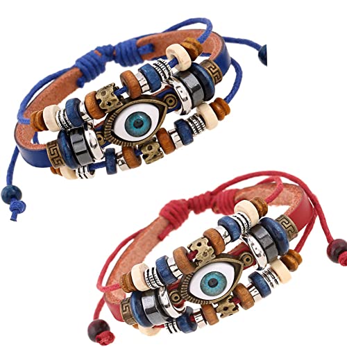 Bracelet en Cuir Mauvais œil, 2 Pièces Bracelet en Cuir Vintage pour Hommes, Bracelet Tressé Ajustable, Bracelet en Cuir Multicouche, Convient aux Hommes et Aux Femmes à Porter, Accessoires Exquis Cover