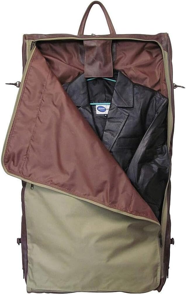 HomeStock Leather Three-Suit Garment Bag in Top Grain Genuine Leather with Shoulder Strap, Spacious Compartments, and Wrinkle-Free Suit Holder, 23" x 5" x 19"