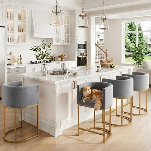 Image of HNY Modern Counter Height Velvet Fabric Upholstered Counter Stools Set of 4, 24 Inch Kitchen Island Stool with Gold Finish Metal Frame, Grey