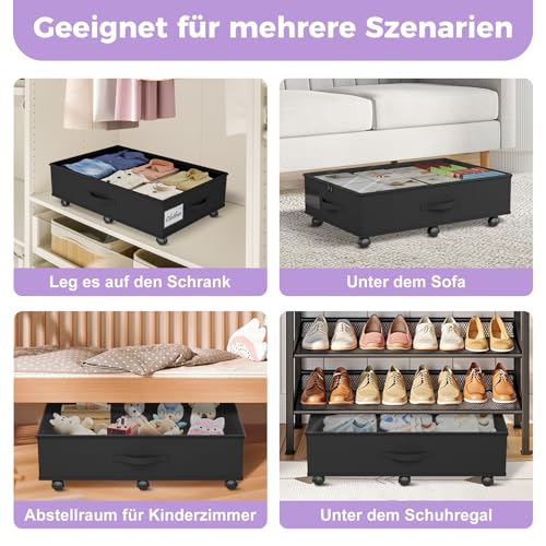 Babenest Unterbettkommode mit 6 Rollen, 2 Stück Faltbare Unterbett Aufbewahrungsbox mit Klarer Deckel Reißverschluss, Under Couch Bettkasten Schuhe, Kleidung, Spielzeug Storage Boxs (Schwarz)