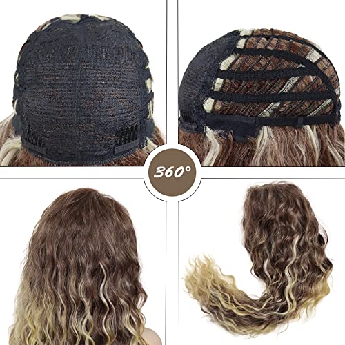 Image of GNIMEGIL 26 inch Long Curly Wigs for Women Synthetic Hair Brown Mixed Blonde Wig with Highlights Mixed Color Wig Soft Natural Wave Wigs for Daily Carnival Party Halloween Costume 80s Cosplay