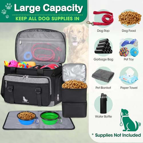 IGOLUMON Dog Travel Bag Large Pet Travel Bags Set for Supplies Weekend Travel Kit Tote Organizer Multi-Pockets Food Travel Bag with 2 Extra Large Food Containers, 2 Dog Bowls, 1 Feeding Mat - Image 5
