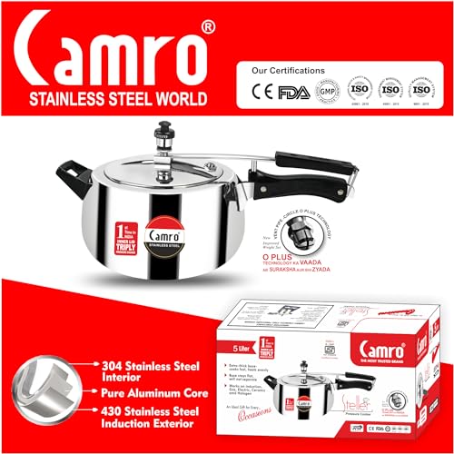 Image of Camro Triply Pressure Cooker 5 litres Stainless Steel | BIS Certified | Kitchen Cookware Pressure Cookers Inner Lid | Globus Rice Cooker Versatile Cooking Utensil | Induction and Gas Stove Friendly