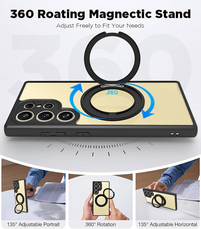Image of RIGGEAR Shockproof Sleek Hybrid Armor 360 Rotating Magnetic Ring Stand Back Cover Case Compatible with MagSafe Accessories for Samsung Galaxy S24 Ultra (Clear PC + Black TPU Bumper)