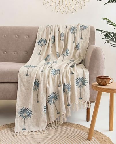 Image of Handwoven Cotton Sofa Throw Blanket with 2 pcs Cushion Covers Lightweight Decorative Couch & Bed Throw (Pack of 3, Blue Palm Tree)