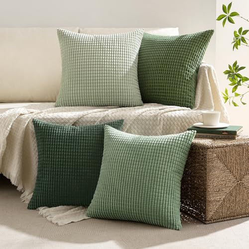 MIULEE Sage Green Pillow Covers 18x18 Inch Set of 4 Boho Farmhouse Home Decor Mordern Nordic Throw Pillows Covers Summer Soft Corduroy for Couch Bed Sofa Living Room Forest Green