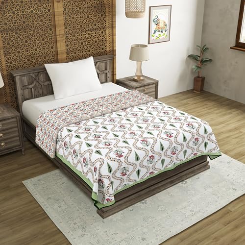 Image of BLOCKS OF INDIA Hand Block Printed Cotton Single Size Reversible Malmal Dohar for Summer (Green Patti)