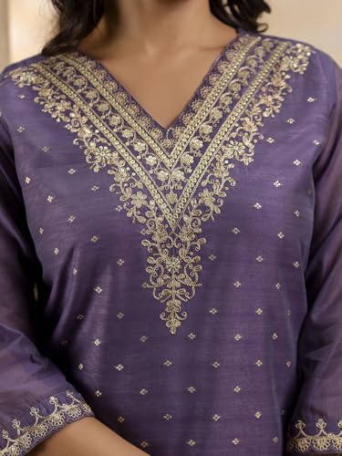 Image of VredeVogel Women's Chanderi Silk Embroidered Kurta with Pant & Organza Dupatta Set | Casual Outfit Ethnic Kurta Set for Women | Modern & Traditional Blend Ethnic Wear