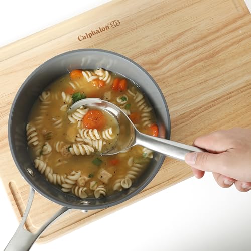 Image of Calphalon Prime Kitchen Spoon, Stainless Steel & Silicone Cooking Spoon with Taupe Silicone Rim, Heat-Resistant Nonstick-Safe Spoon for Stirring, Mixing & Serving