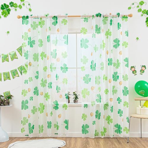 Karseteli St. Patrick's Day Sheer Curtains for Living Room, Shamrock Clover Sheer Curtain, Rod Pocket Window Drapes Decorations for Bedroom and Home Decor, 2 Panels Green 52W x 84L