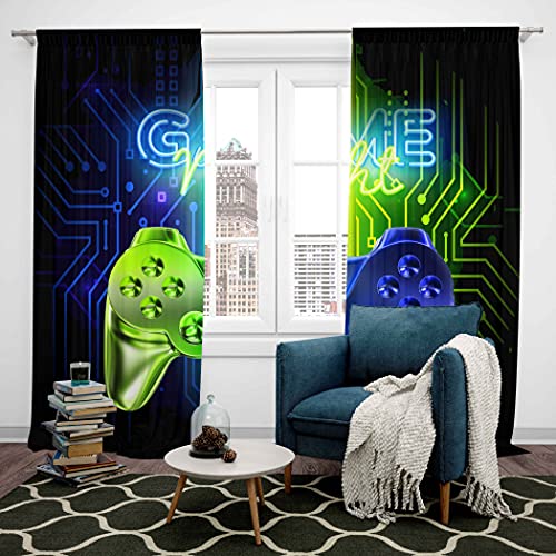 Loussiesd Game Curtains for Bedroom W46 x L54 Gamer Video Game Room Darkening Curtain Boys Teens Kids Gaming Thermal Insulated Window Drapes Blue Green Neon Gamepad Window Treatment Set - Image 3