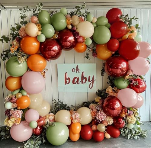Image of Sage Green Orange Red Balloons Double Stuffed Fall Balloon Burnt Orange Pink Balloons Burgundy Sand White Balloon for Autumn Birthday Baby Shower Wedding Bridal Shower Party Decorations