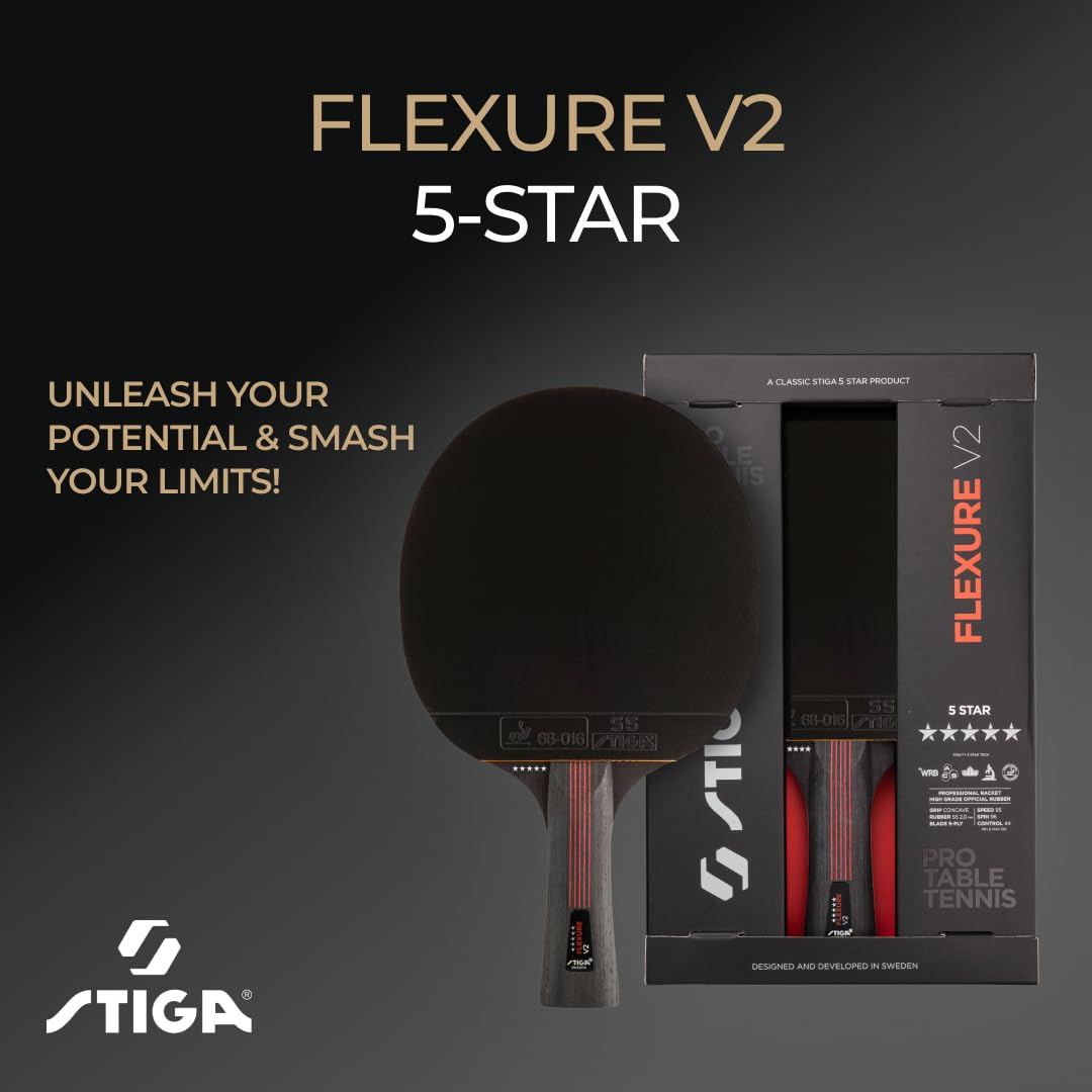 STIGA Flexure V2 Raquette de Ping-Pong, Raquette de Tennis de Table 5 étoiles, Revêtements STAR5 approuvés par l'ITTF, Prise Ergonomique - pour Les Joueurs offensifs