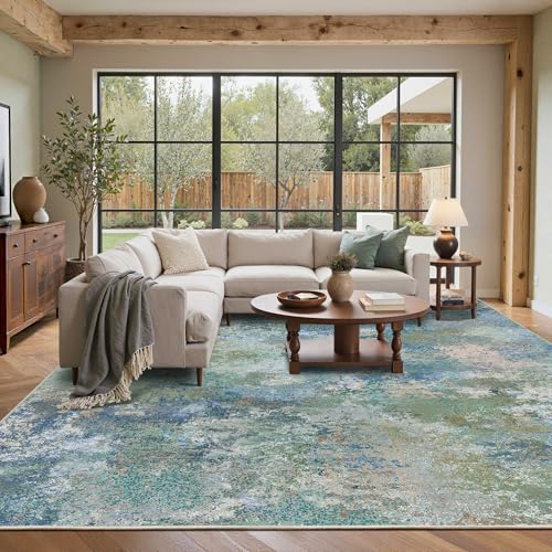 Image of BEIMO Area Rugs 8x10 for Living Room Bedroom, Modern Abstract Machine Washable Rug, Large Soft Low Pile Floor Carpet with Non Slip Backing for Dining Room, Blue Green