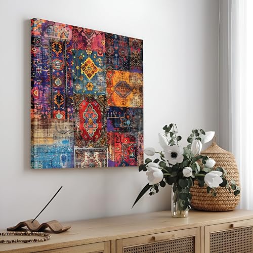 Image of Abstract Persian Rug Pattern Stretched Canvas Wall Art Painting for Living Room | Vintage Ethnic Patchwork Artwork Painting | Bohemian Decorative Wall Decor for Home & Office, 22x22 Inch