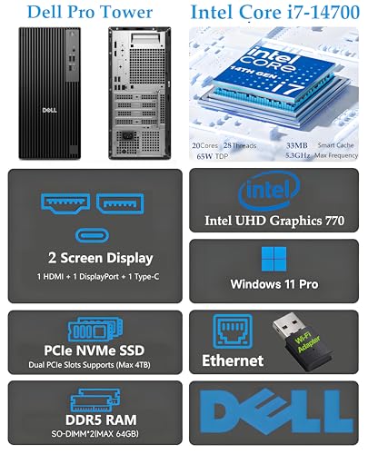 Image of Dell Pro Tower desktop PC, Intel Core i7-14700, 64GB DDR5, 1TB SSD, HDMI, DisplayPort, USB-C, Windows 11 Pro, carbon black