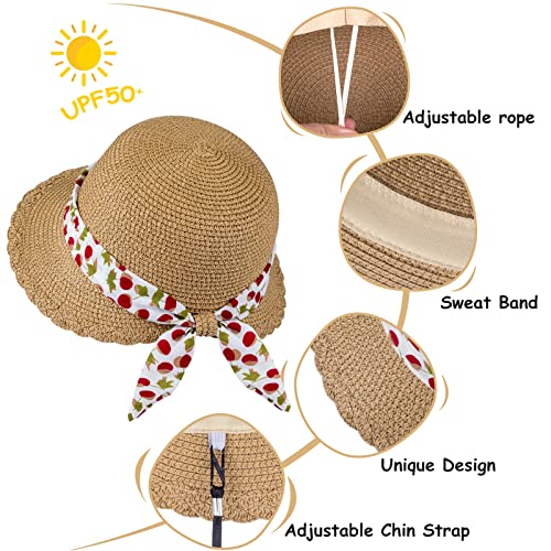 Girls Straw Sun Hat Kids Summer Beach Uv Protection Hats Toddler Baby Childrens Little Girl Ages 3 4 5 6 7 8 9 10 Years Khaki Wide Brim Foldable Sunhat With Chin Strap Cute Bow Ponytail Gardening Cap #TOP2