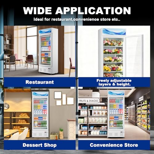 Image of 26.8'' W Commercial Beverage Refrigerator, 15 Cu.ft Upright Display Merchandiser Cooler Fridge with LED Light, Adjustable Shelves & Lockable Door for Restaurant Grocery Stores Home, White