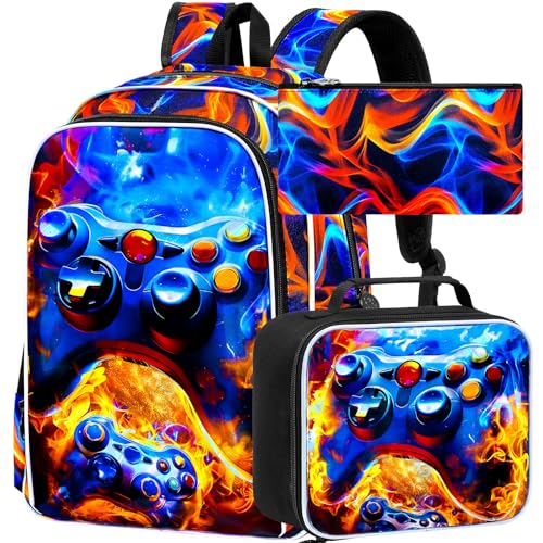 Image of 17 inch Gamer Backpack, Boys Kids Bookbag with Lunch Box, 3Pcs School Backpacks for Elementary Preschool Kindergarten (Fire Red)