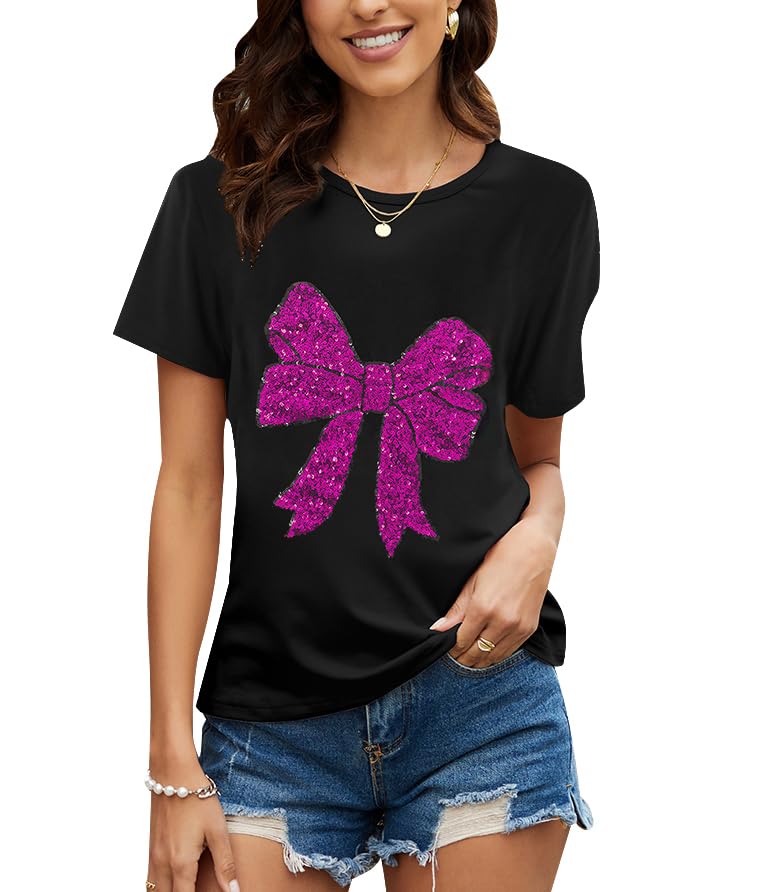 Image of PESION Womens Short Sleeve T-Shirt Sequined Tops O-Neck Funny Graphic Tees Blouse