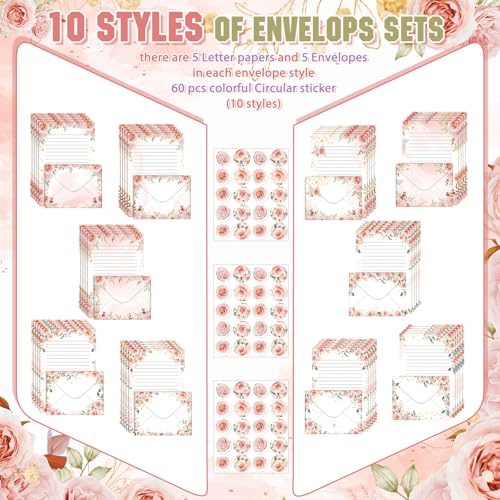 Image of TaoBary 160 Pcs Pink Floral Stationery Paper and Envelopes Set 50 Double Sided Lined Stationery Paper with 50 Matching Envelopes and 60 Round Dot Sticker 5.5 x 8.25'' Letter Writing Kit, 10design