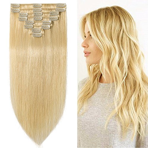 8 inch 65g Clip in Remy Human Hair Extensions Full Head 8 Pieces Set Long length Straight Very Soft Style Real Silky for Beauty #613 Bleach Blonde
