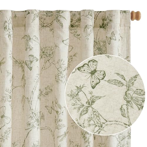 Image of Lazzzy Green Floral Lined Linen Farmhouse Curtains 84 Inch Long Back Tab Drapes for Living Room Bedroom Light Filtering Vintage Rod Pocket, 2 Panels, Green on Beige