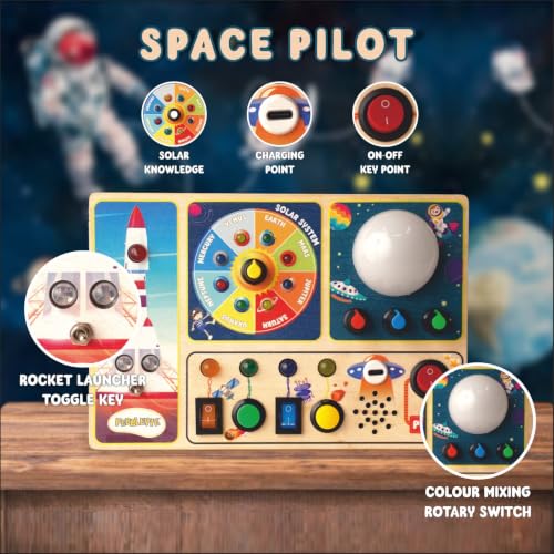 Image of Space Pilot Learning BusyBoard (3-7 Years) | Planets Names & Rocket Launch Sound with LED Color Mixing Lights | Sensory Development and Imagination | Interactive Educational Toy