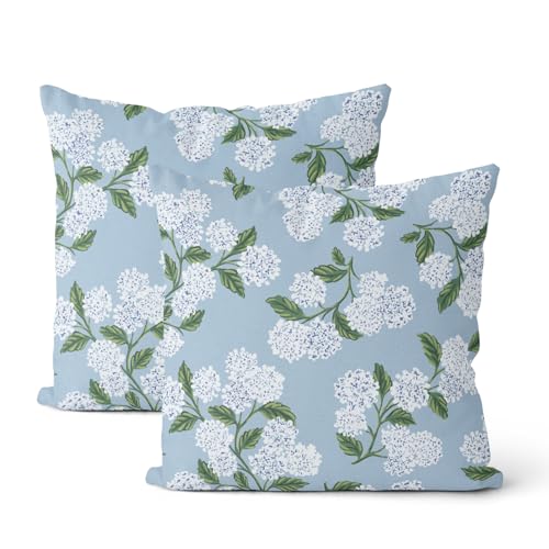 DAFENA Light Blue Pillow Covers 18x18 Inch 2 Pcs Blue Green Hydrangea Flower Decor Throw Pillows Vintage Floral Seasonal Spring Summer Outdoor Decoration Pillowcase Linen Cushion Cover for Couch Sofa