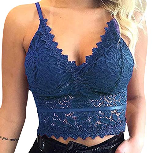 Minetom BH Push Up Bustier Damen Spitze Weich Rückenfrei Blumen Bra Dessous Sexy Große Größen Crop Tank Tops V-Ausschnitt Shirt B Blau 46