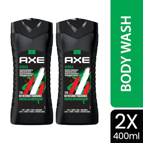 Image of AXE Africa 3-in-1 Body, Face & Hair Wash | Vibrant Mandarin & Sandalwood Scent | 12H Refreshing Fragrance | Combo of 2| 400 ml Each