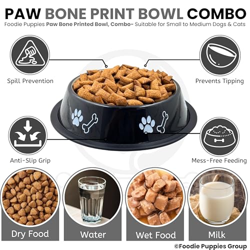Image of Foodie Puppies Stainless Steel Dog Bowl Combo - (Medium, 700ml) Food and Water Feeding Gift Bowl | Suitable for Dogs, Cats and Other Pets I Paw Bone Print, Anti-Skid Rubber Base (Black + Yellow)