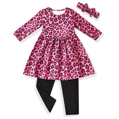 Image of fioukiay Toddler Girls Fall Clothes Set Little Girls Pink Leopard Tunic Tops Leggings Outfit Boutique Clothing(Pink, 2T)