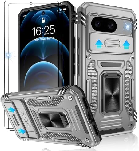 Jshru for Google Pixel 8 Case with Screen Protector [2 Pack] and Slide Camera Cover,Military Grade Shockproof Pixel 8 Case with Ring Kickstand, Anti-Scratch Armour Phone Cover for Google Pixel 8,Black