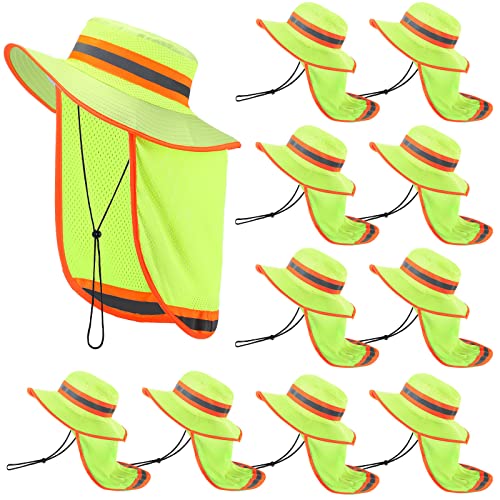 Jexine 10 Pcs High Visibility Reflective Hat with Neck Flap Safety Sun Hat for Men Bucket Cap Boonie Hats Bulk(Yellow)