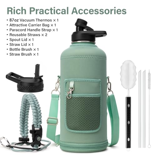 Insulated Water Bottle | Thickened Stainless Steel for Gym and Hiking with Straw, Carrier Bag, Handle Strap | BPA-Free 87 oz