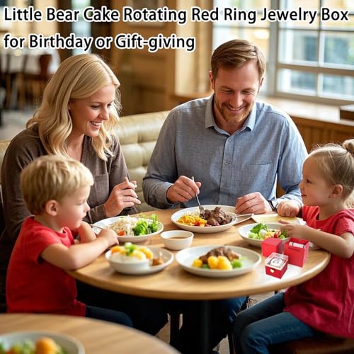 Image of Little Bear Cake Rotating JewelryBox for Proposal - Rotating Ring Box Engagement Ring Box, Surprise Box Ring Bearer Box, necklace box for Birthday,Necklace Holder with Fabric Interior (red)
