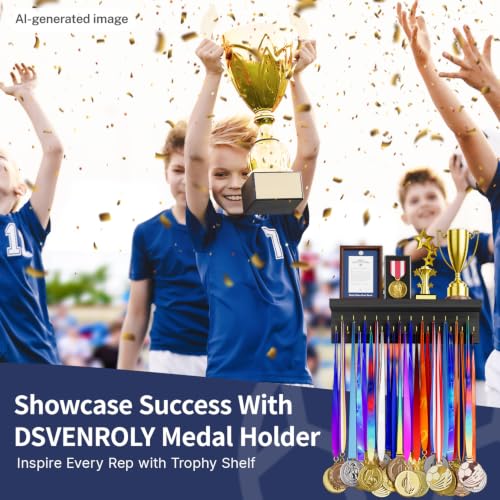 Image of Medal Holder Display Trophy Shelf Organizer, Sturdy Wooden Race Award Hanger Rack with 25 Steel Hooks, Wall Mount Storage Stand for Sports Fans, Cheer Success
