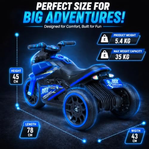 Image of MEKASHI 6V Electric Ride-On Bike for Kids | Turbo Blue | Battery Operated Motorcycle with Bluetooth Music, LED Headlight, Foot Accelerator & Training Wheels | Ride-On Toy for Boys & Girls 1-4 Years