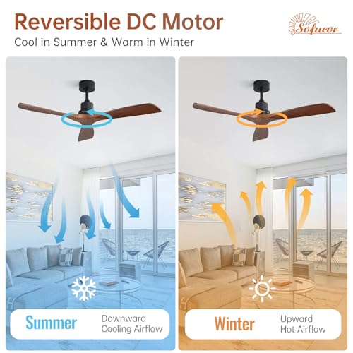 Image of Sofucor 52 Inch Modern Solid Wood Ceiling Fan No Light for Indoor Outdoor