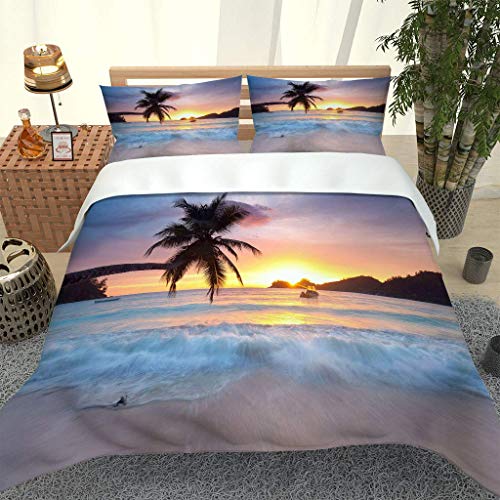 MQBHJI Housse De Couette 220X240 cm 3D Paysage Marin Au Coucher Du Soleil - Parure De Lit Adulte En Microfibre 2 Personnes Avec Fermeture Éclair, Housse Couette Imprimé Avec 2 Taies D'Oreiller 50x75 c