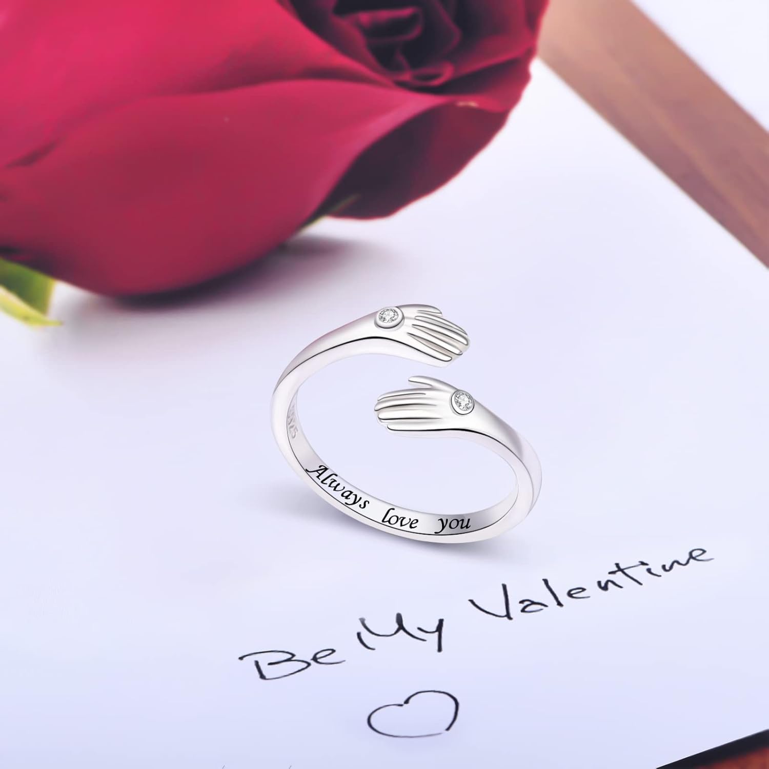 Hug Ring for Women Adjustable, 925 Sterling Silver Hugging Hands Open Ring with Zircon, Always Love You Promise Jewelry Valentine's Mothers Day Gift for Her - Image 5