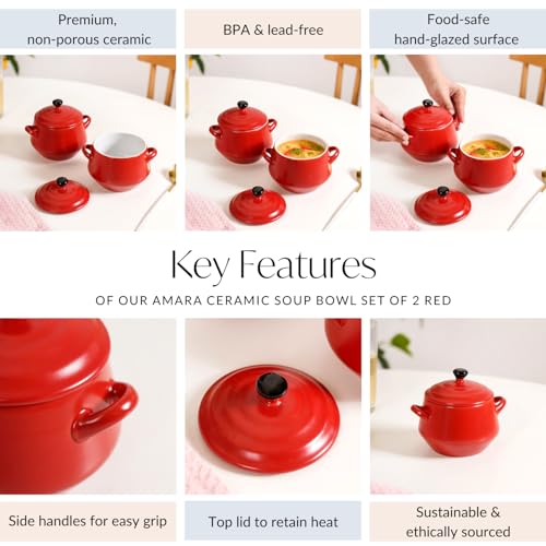 Image of Nestasia Set of 2 Ceramic Serving Pots with Lids (450ml) - Small Handled Pots for Curry, Dal, Rice, Soup & Gravy, Kitchen Tableware & Gift Set (Red)